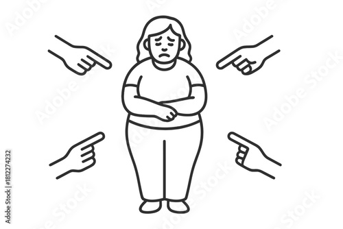 Overweight woman facing public criticism and judgment from multiple pointing hands