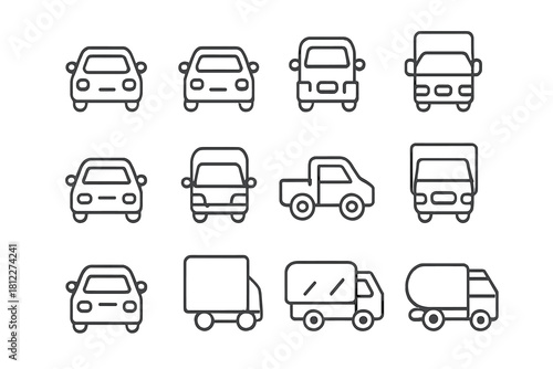 Minimalist outline icons collection featuring various common road transport vehicles