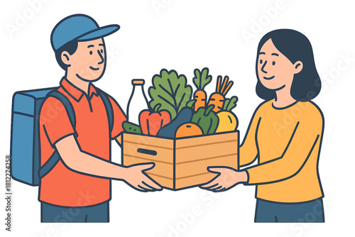 Courier delivering wooden crate of fresh produce and milk to happy female customer