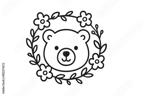 Cute teddy bear head outline drawing framed by simple floral wreath