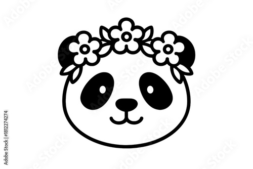 Cute minimalist black and white panda head wearing a beautiful floral crown
