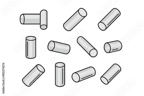 Scattered metallic cylindrical tubes and pipes arranged randomly on a white background