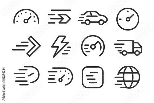 Outline symbols set for speed, fast delivery, time management, and rapid movement