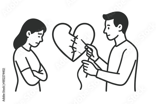 Man sewing a broken heart to mend a damaged relationship with a sad woman