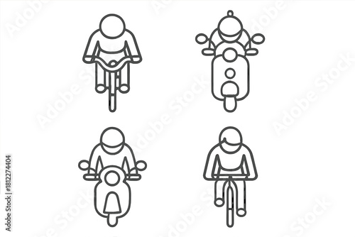 Set of outline icons showing riders on bicycles, scooters, and mopeds viewed head-on