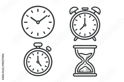 Set of outline icons representing timepieces including alarm clock, stopwatch, and hourglass
