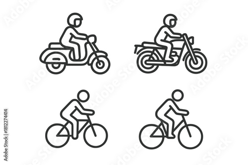 Line icons of people riding two-wheeled vehicles: scooter, motorcycle, and bicycles