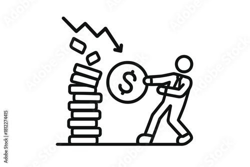 Person saving a dollar coin from falling assets during a financial downturn