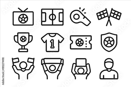Soccer and football game elements including trophy, jersey, field, whistle, ticket, and fan items