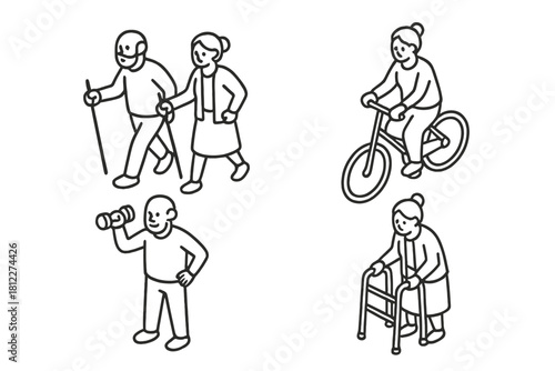 Senior citizens engaging in diverse activities like walking, cycling, observing, and using mobility aids