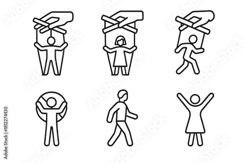 Line icons showing human figures under control, achieving independence, freedom, and rescue