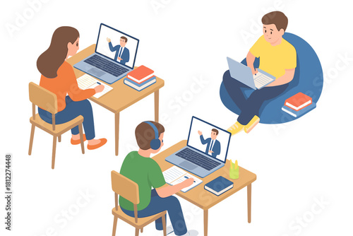 Young adults studying remotely using laptops and video conferencing for distance education