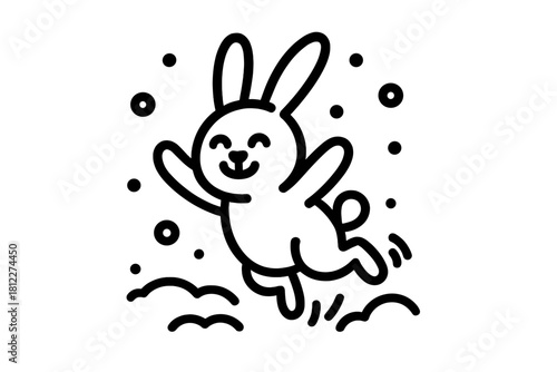 A cheerful cartoon rabbit happily leaping high in the air against a clean white background