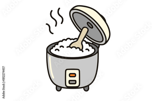 Electric rice cooker open with freshly cooked white rice and rising steam