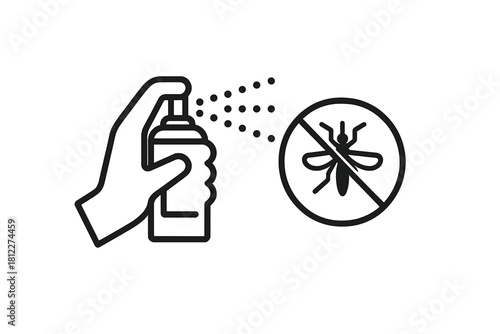 Hand spraying insect repellent towards a prohibited mosquito sign for pest control