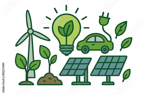 Wind turbine, solar panels, electric car, and light bulb representing green energy