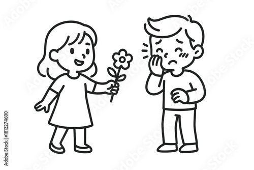 Little girl offering a flower to a boy showing signs of distress or sadness