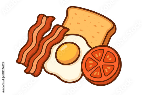 Classic breakfast plate with bacon, fried egg, toast, and tomato slice
