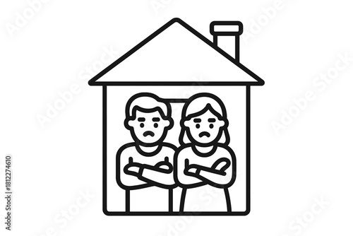 Unhappy couple standing inside house outline symbolizing relationship conflict