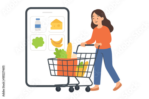 Young woman ordering food online via mobile app interface next to a full grocery shopping cart