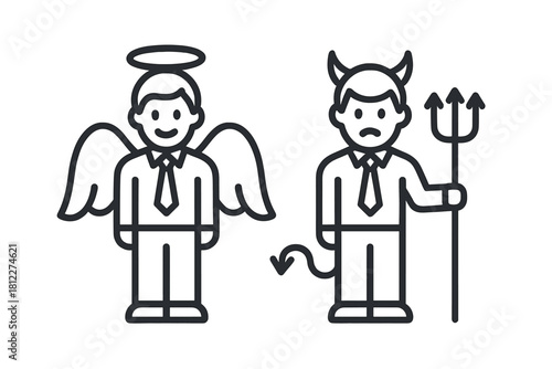 Angel and devil businessmen standing side by side representing moral choice and corporate duality