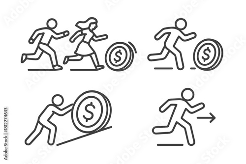 Outline symbols of people running toward or struggling with large dollar coins