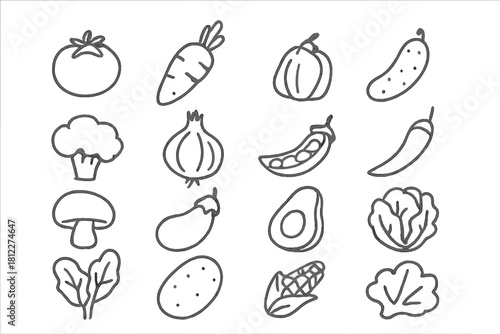 Set of fresh organic vegetables drawn in a simple outline style for healthy food concepts