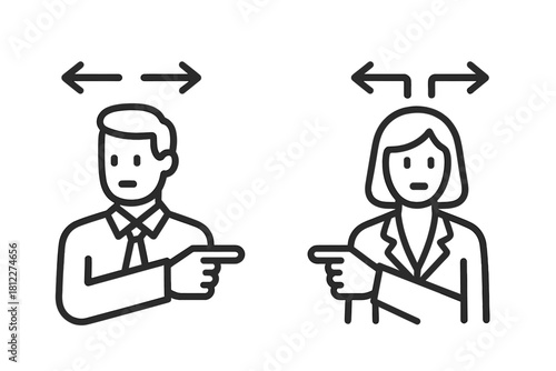 Business people pointing fingers at each other symbolizing disagreement or opposing directions