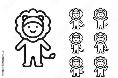 Cute smiling person dressed in a playful lion costume featuring a mane and tail