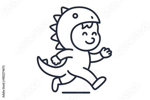 Happy young child running in a cute dinosaur costume showing playful energy