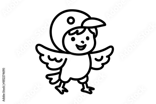 Cute smiling child wearing simple bird costume with wings and beak headpiece