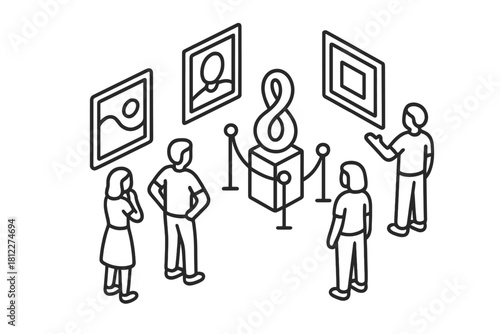 Group of visitors viewing abstract sculpture and framed pictures at modern art exhibition