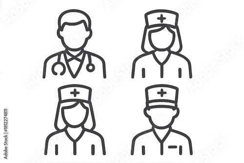 Outline icons set of medical staff including doctors and nurses in uniform