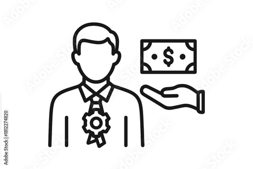 Professional employee with award ribbon receiving bonus payment or salary increase