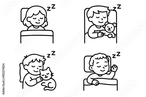 Young children sleeping comfortably in bed, hugging a teddy bear or cuddling a cat
