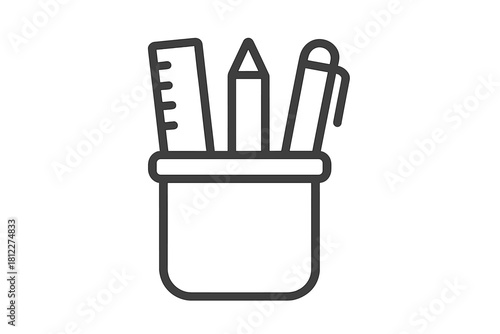 Desk organizer cup holding essential stationery items: pencil, ruler, and writing pen