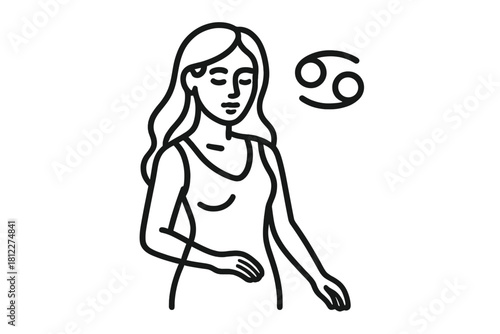 Minimalist black line art of a woman standing beside the astrological symbol for Cancer