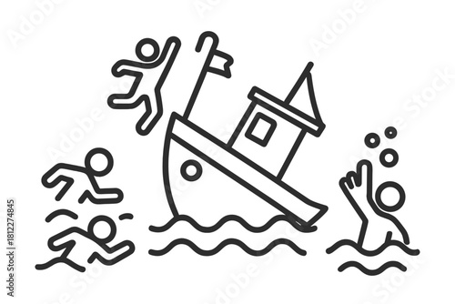 People abandoning a sinking ship during a maritime disaster emergency and struggling to survive