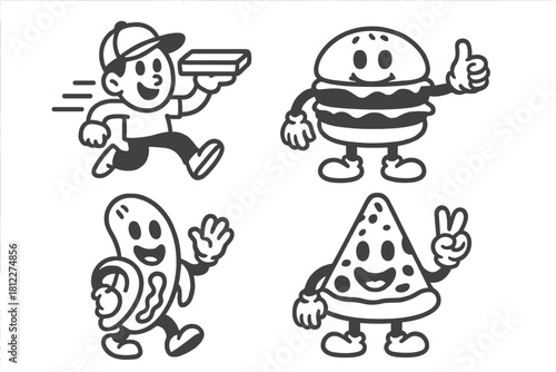 Retro cartoon mascots set of fast food characters and running delivery person