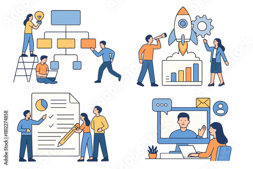 Business scenes set showing collaboration, strategy, startup launch, and digital communication