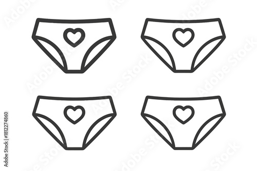 Set of four simple outline drawings of women's panties with heart design