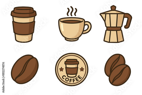 Set of coffee icons featuring disposable cup, steaming mug, moka pot, and roasted beans