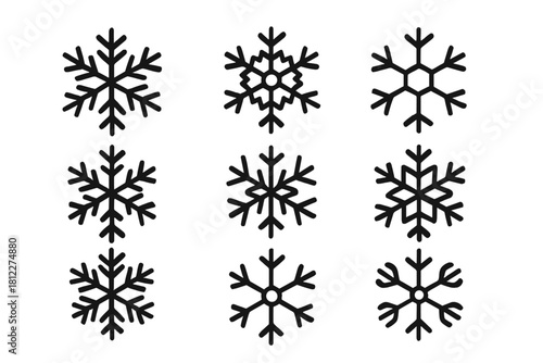 Set of nine distinct geometric black snowflake shapes isolated on white background