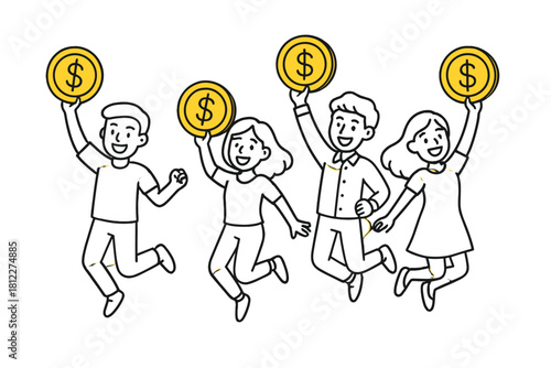 Happy young people jumping high and celebrating financial success holding dollar coins