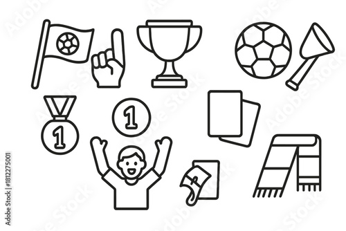 Soccer and football competition symbols featuring trophy, medal, fan, and game equipment