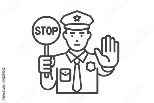 Police officer holding a stop sign and signaling a warning with raised hand