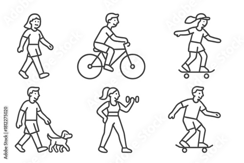 Set of outline icons showing people engaged in physical activities: walking, cycling, skateboarding, exercising