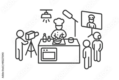 Professional chef preparing food in a studio kitchen setting for a live broadcast or cooking show production