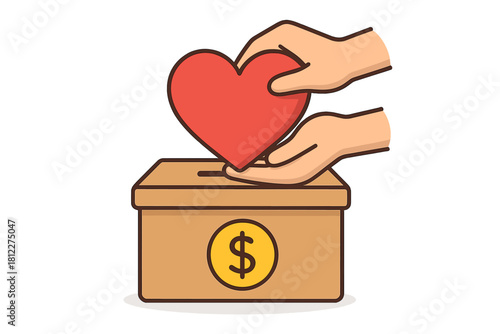 Hands putting a red heart into a donation box symbolizing charity and financial support