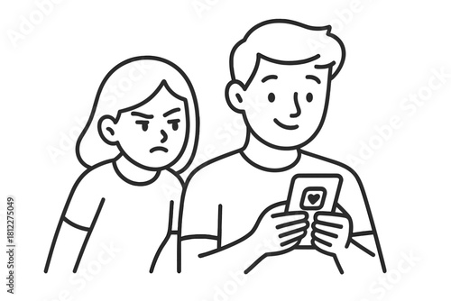 Jealous woman watching smiling man using smartphone displaying a heart icon causing relationship conflict